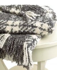 Beat the cold with this super-soft throw from Lauren Ralph Lauren. Features a boucle plaid knit in gray and cream hues for a cozy addition anywhere in your home. Finished with a 3 fringe.