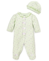 A delicate lilac print brings classic charm to this comfy footie and cap set from Little Me.