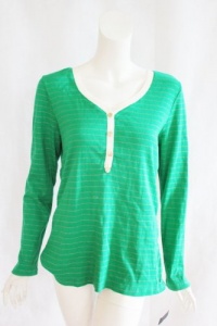 Tommy Hilfiger Womens Green Stripe Henley Ribbed Long Sleeve Top XL