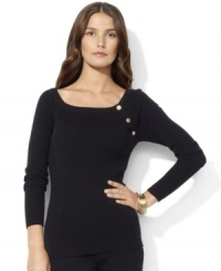 Polished signature buttons accent the sleeve of a sleek boatneck petite sweater crafted from luxurious ribbed cotton