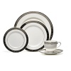 Romance brunch plate by Lauren Ralph Lauren Home. Inspired by tooled silver buckles, this striking collection offers classic forms with a surprising twist as the graceful lines dance on rich platinum and accents of turquoise are featured.