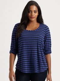 This sporty jersey top with timeless stripes and a relaxed-yet-feminine fit pairs perfectly with straight-leg or skinny jeans.ScoopneckRoll-tab sleevesFront pocketCurved hemPull-on styleAbout 26 from shoulder to hemPolyester/micro modal/supima cottonMachine washMade in USA