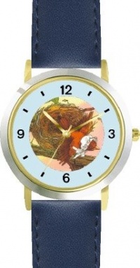 The Little Bird - from Mother Goose by Artist: Sylvia Long - WATCHBUDDY® DELUXE TWO-TONE THEME WATCH - Arabic Numbers - Blue Leather Strap-Size-Large ( Men's Size or Jumbo Women's Size )