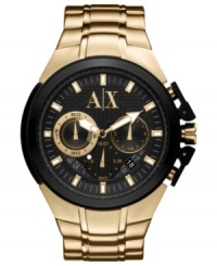 A classic gold-plated steel timepiece from AX Armani Exchange with modern touches of black silicone.