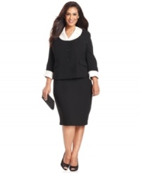 Classic and truly elegant, Le Suit's plus size skirt suit uses contrasting black and white to make a stylish statement for your special event or occasion.