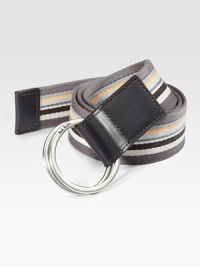 An eye-catching design of bold, multi-striped canvas and leather.PolyesterAbout 1½ wideImported