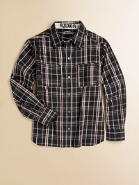 Your little guy will look handsome in this plaid long-sleeve shirt with dual chest pockets. Point collarLong sleeves with button cuffsButton frontFront patch pocketsCotton/polyesterMachine washImported