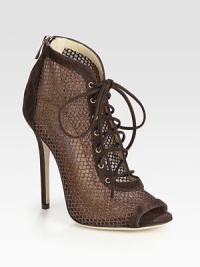 Lace-up suede style with a back zipper, peep toe and glittery mesh sides. Self-covered heel, 5 (125mm)Suede and glitter-coated mesh upperBack zipperLeather lining and solePadded insoleMade in Italy