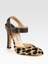 A classic pony hair silhouette with rich leather accents is revitalized with a bold leopard print and tall heel. Leather-covered heel, 4½ (115mm)Leopard print pony hair and leather upperPoint toeAdjustable leather slingback strapLeather lining and solePadded insoleMade in Italy