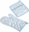 DII Cerulean Blue Printed Damask Oven Mitt and Potholder Set