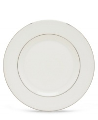 Pristine white bone china and an intricately detailed embossed decal decoration on the salad plate combine to give a contemporary edge to the sophisticated table. The gently scalloped edge is enhanced by a platinum gild along the outer rim. (Clearance)