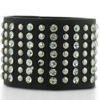 WIDE STUD BRN Black Leather Rhinestone and Stud Cuff Bracelet