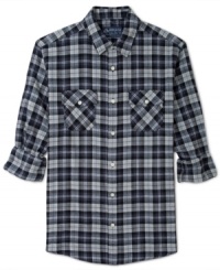 Flannel is the fabric of the season – lock down your cold-weather look in this warm American Rag plaid flannel shirt.