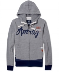 Keep warm in this trendy hoodie by American Rag with unique stripes and contrast hems.