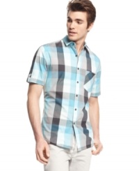 Amp up your everyday style with this slim-fit plaid shirt from Alfani Red. (Clearance)