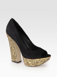 An unexpected glittery heel and platform heighten this peep toe pump of sumptuous suede. Glitter-coated canvas heel, 5¼ (130mm)Glitter-coated canvas platform, 1¼ (30mm)Compares to a 4 heel (100mm)Suede upperPeep toeLeather lining and solePadded insoleImported