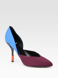 Smooth two-tone neoprene point toe pump with a contrasting colorblock heel. Lacquered and metal heel, 3¾ (95mm)Neoprene upperPoint toeLeather lining and solePadded insoleMade in Italy