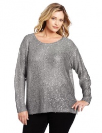 DKNYC Women's Sequin Long Sleeve Pullover, Silver, 2X