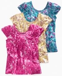 A splash of color gives her sweet style a boost with one of these ruffle tees from Epic Threads.