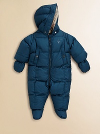 Keep baby snug in this puffy, zip-front, check-lined snowsuit with attached hood, slash pockets, detachable mittens and footies.Attached hoodLong sleeves with detachable mittensZip front and seatElastic cuffs and hemFront slash pockets with snap closureGathered elasticized backDetachable footiesPolyesterMachine washImported