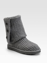 Three oversized buttons enable this wool blended knit to button up, slouch down, slightly unbutton or completely cuff down. Shearling sock liner Molded EVA sole ImportedOUR FIT MODEL RECOMMENDS ordering true whole size; ½ sizes should order the next whole size up.