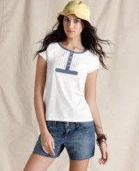 A basic Tommy Hilfiger tee gets nautical inspiration with a pleated and chambray placket at the chest.