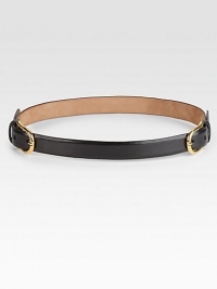 Supple glazed nubuck leather accents the waist with two shiny goldtone brass buckles.Width, about 1Made in the USAOUR FIT MODEL RECOMMENDS ordering one size up as this style runs small. 