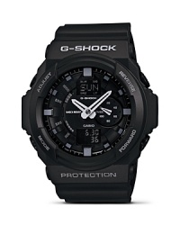 Be a good sport with this boldly sized digital watch from G-Shock. Designed for maximum performance on the field and off, it features a stopwatch, quartz movement, and supreme shock resistance.