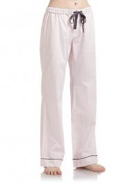 THE LOOKStripe patternElastic drawstring waistFront button closure and button flyStraight legsContrast piped hemTHE FITRise, about 9Inseam, about 20THE MATERIALCottonCARE & ORIGINMachine washImported