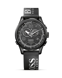 A genuine Regatta chronograph, this HUGO BOSS watch features a high-end dial with a modern, squared texture. A black IP case, black dial and logo-detailed silicone strap complete the look.