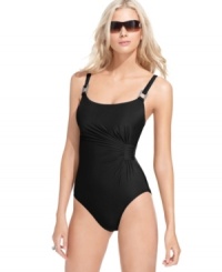 Sparkle under the sun with this Miraclesuit Lisa Jane one piece featuring eye-catching sequined hardware & ruched gather detail! Allover body control creates a sleek silhouette!