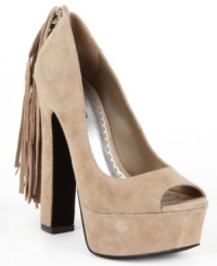 Flaunt-worthy fringe. Bebe's sultry Perlah peep-toe platform pumps prove that it really is all in the details.