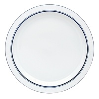 Tasteful and tailored blue banded dinnerware by Dansk. Inspired by the unique Copenhagen neighborhood of Christianshaven. Dinner plate is 10.125 in diameter.