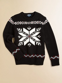 An essential snowflake crewneck sweater is rendered with an intarsia-knit motif for seasonal style.CrewneckLong sleevesPullover styleRibbed collar, cuffs and hemCottonMachine washImported