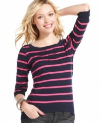 Bright stripes and a high-low hem enhance this laid-back, three-quarter sleeve sweater with extra-cute style! From Pink Rose.