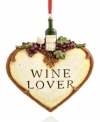 Incorporate your passion for wine into every holiday celebration with a heart-shaped ornament topped with a bottle of merlot.