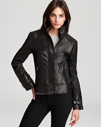 A polished version of the moto style, this Via Spiga leather jacket has all the edgy details you desire in a tailored silhouette you can work over a dress as easily as distressed denim.