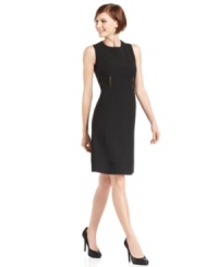 An elegant sheath dress gets a modern makeover with metal bar ornaments in front and an exposed zipper in the back. Wear it alone or with a coordinating jacket from Calvin Klein's work separates collection.