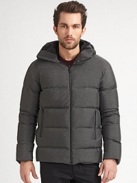 Rich and sophisticated textures elevate this sleek quilted outerwear style featuring an attached hood for added warmth and style.Zip frontStand collarAttached hoodSide zip pocketsAbout 29 from shoulder to hem57% nylon/43% polyesterDry cleanImported