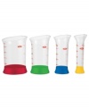 How to measure up! Your go-to for dishing out extracts, food coloring, lemon juice and other small volume liquid ingredients, this set brings the fun back into function. Brightly colored measurement markings, a convenient & compact nesting design and spouted tops for easy, spill-free filling and pouring make this set a fast favorite.