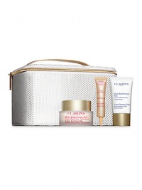 Clarins' trio of firming treatments visibly lift, tighten and tone with benefits that are both immediate and long-lasting. Set includes: Extra-Firming Day Cream, 1 oz.; Extra-Firming Night Cream, 0.5 oz. and Extra-Firming Botanical Lift, 0.35 oz. Made in France. 