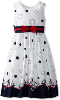 Jayne Copeland Girls 7-16 Sailboat Border Print Dress With Bow, White, 8