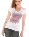 Wild Rose Sugar Skull Tattoo Art White Burnout Short Sleeve Shirt Womens Sizes: Medium