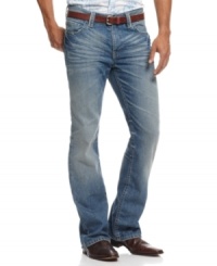 Step up your denim game with a pair of these washed and whiskered jeans from INC International Concepts.