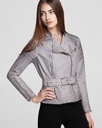 Rev up your fall wardrobe with this chicly-cropped GUESS jacket--designed from soft faux leather and belted for a flattering pulled-together look.