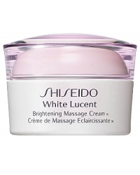 Shiseido White Lucent Massage Cream. An exceptional brightening cream that works with the power of massage to create a luminous glow, as it helps diminish the appearance of visible spots, freckles and dullness. Specially developed with Shiseido-original Multi-Target Vitamin C and Spot Deacti-Complex. Retexturizes skin for a flawless healthy look. Formulated with Asian plant extracts to improve moisture balance and smooth skin. Glides on luxuriously and leaves skin feeling velvety soft, relaxed, and comfortable, with no sensation of stickiness. Recommended for all skin types. Apply once or twice a week after softener and before moisturizer.