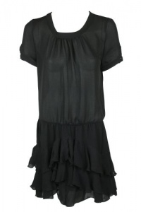 Aqua Womens Black Tiered Ruffle Semi-Sheer Short Sleeve Dress L