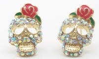 DaisyJewel Top Seller - Rose Skull My Pretty Punk Glam & Girly Zombie Romance - Betsey Johnson Inspired Pink Coral Enamel Flower & Iridescent Diamond-Like Crystal Encrusted Pave Style Gold Sugar Skull Calavera Stud Earrings with Heart Shaped Eyes - Skin-S