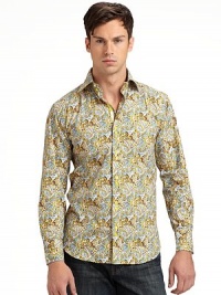 THE LOOKSpirited Euro stylingBright paisley print on crisp poplinSignature square buttonsSpread collar with single button at backLong sleeves with button cuffsRibbon trim inside collar, placket and at cuff placketContrast embroidered logo at back yokeTHE MATERIALCottonCARE & ORIGINMachine washImported