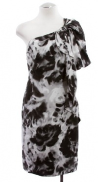 Anne Klein Black/White Multi Printed Silk Draped One Shoulder Dress With Bow Detail 12